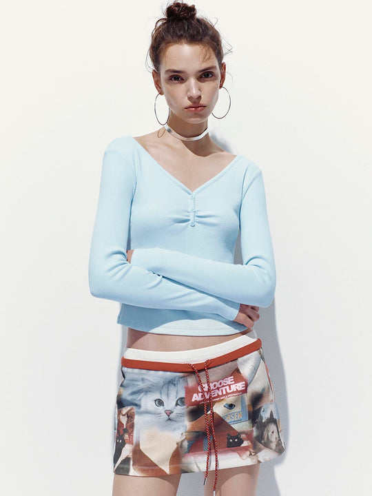 Button Top V-Neck Long Sleeve T-Shirts