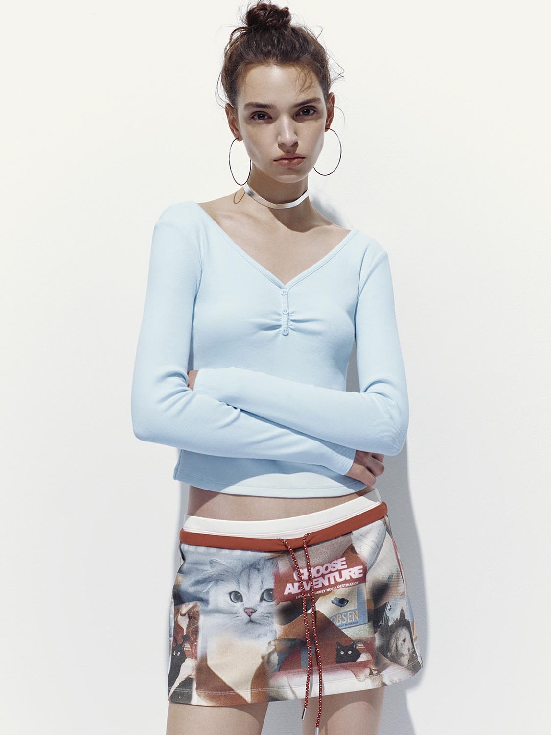 Button Top V-Neck Long Sleeve T-Shirts