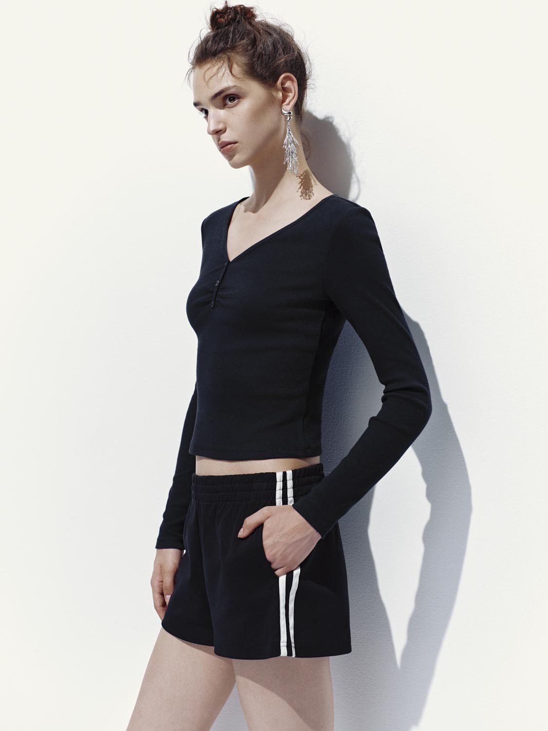 Button Top V-Neck Long Sleeve T-Shirts