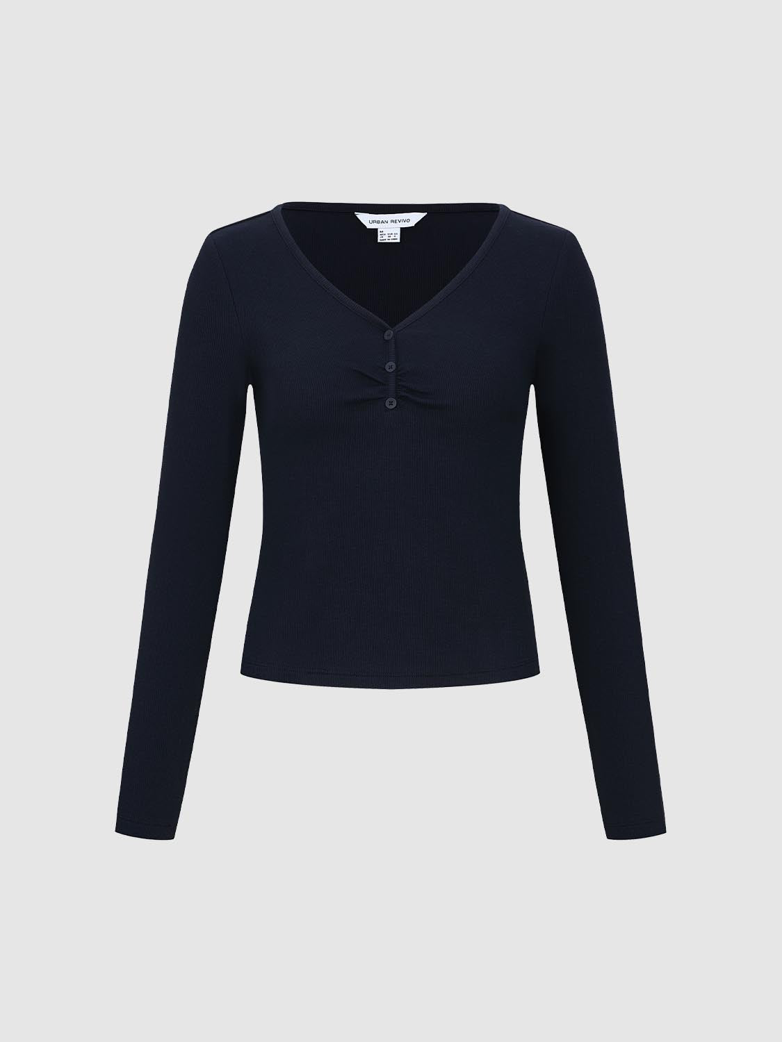 Button Top V-Neck Long Sleeve T-Shirts