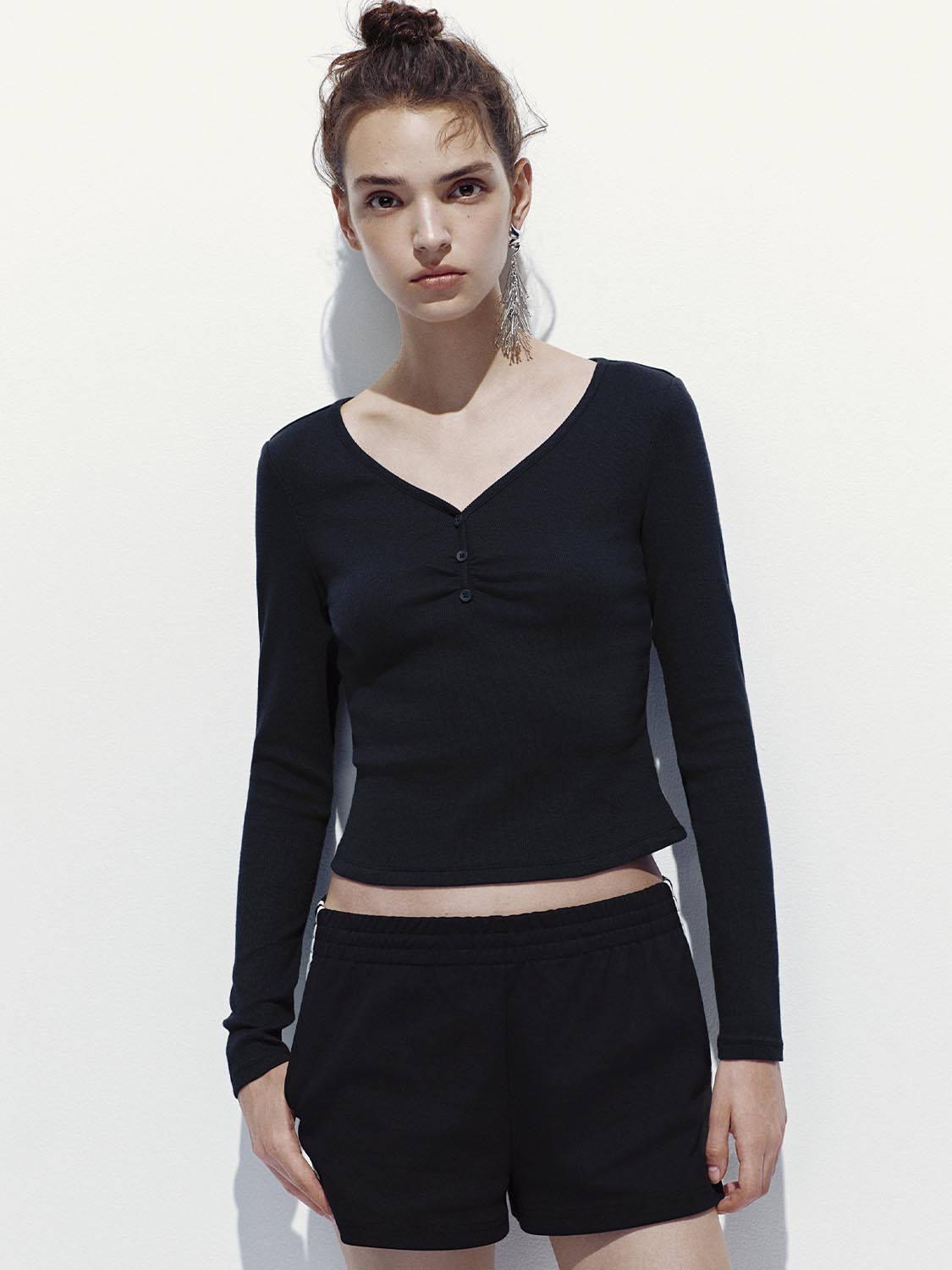 Button Top V-Neck Long Sleeve T-Shirts