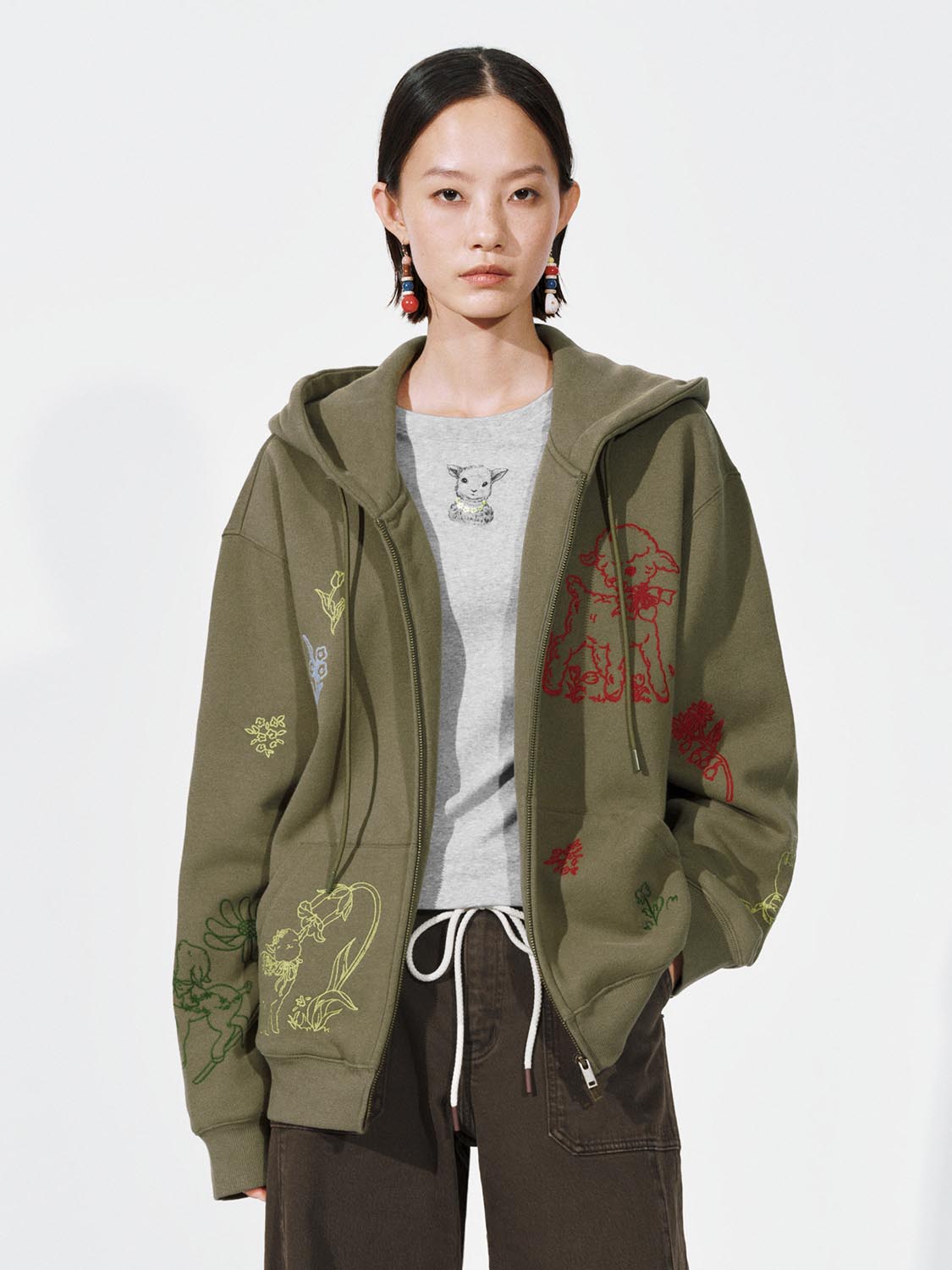 Red Drawstring Jacket Embroidered Drawstring Hooded Loose Fit Jackets – URBAN REVIVO Thailand