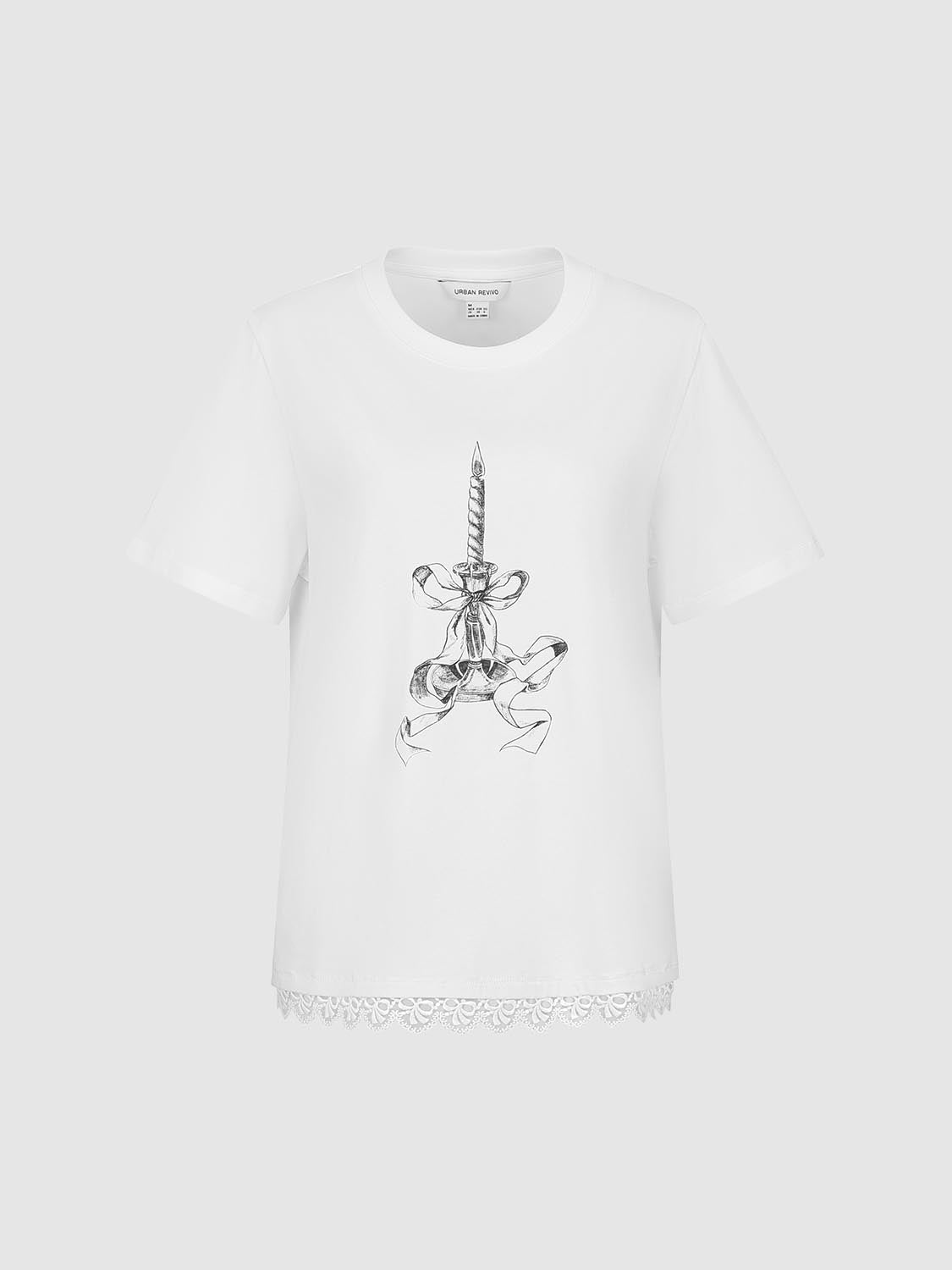 Printed Lace Hem T-Shirts