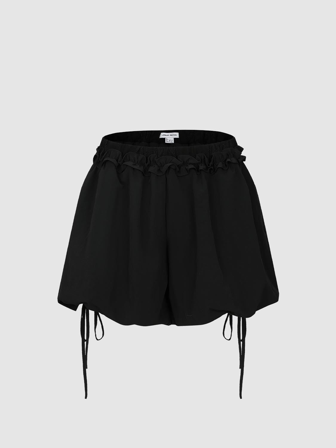 String Detail Ruffle Trim Puffball Shorts