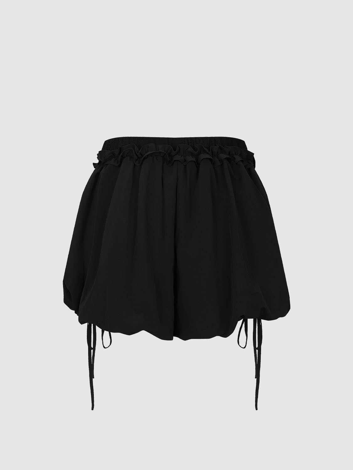 String Detail Ruffle Trim Puffball Shorts