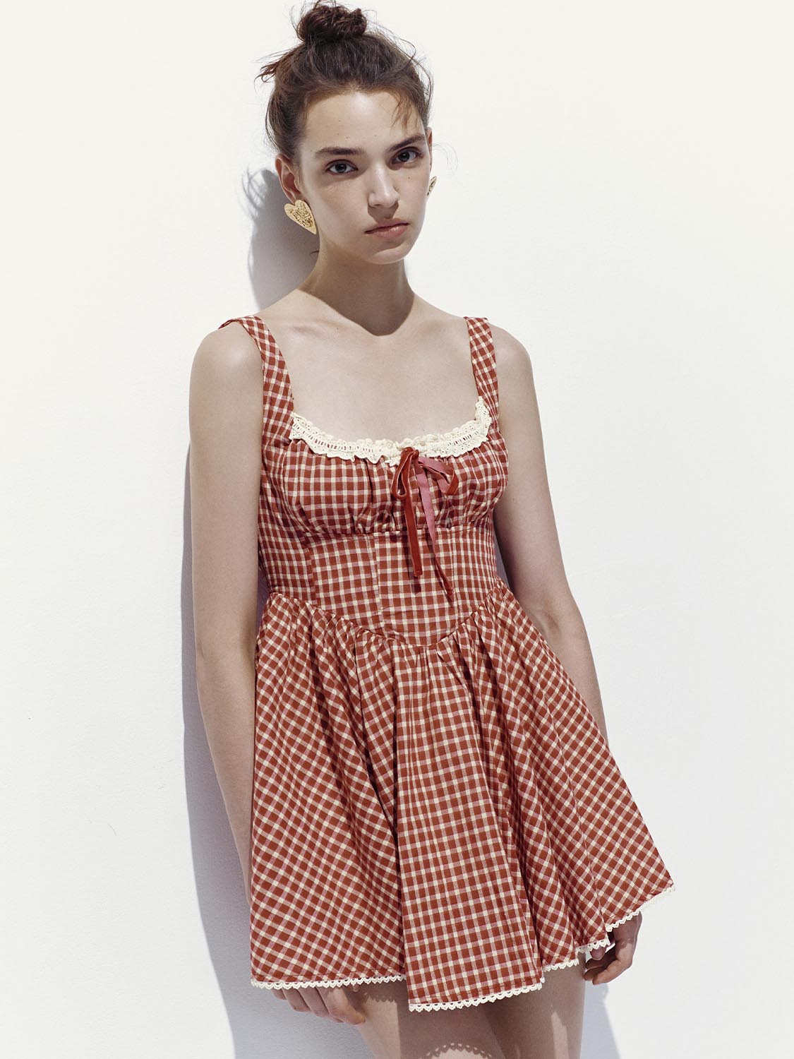 Lace Trim Plaid Strap Midi Dresses