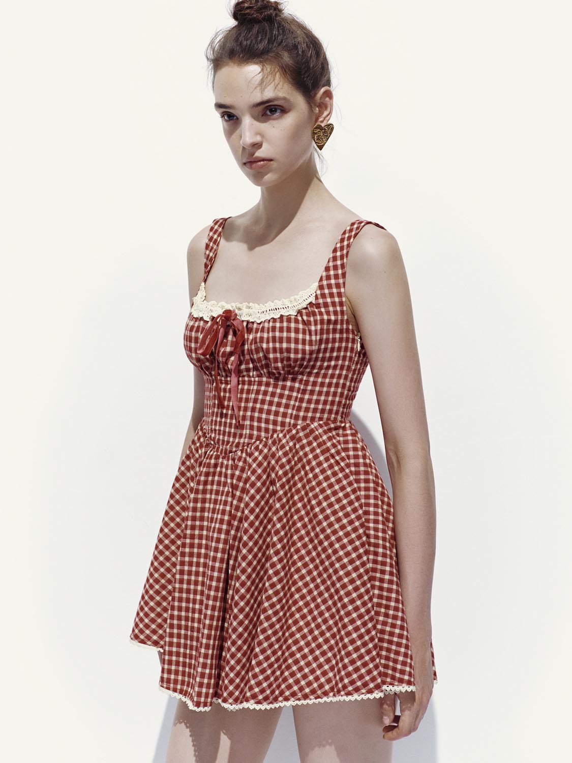 Lace Trim Plaid Strap Midi Dresses