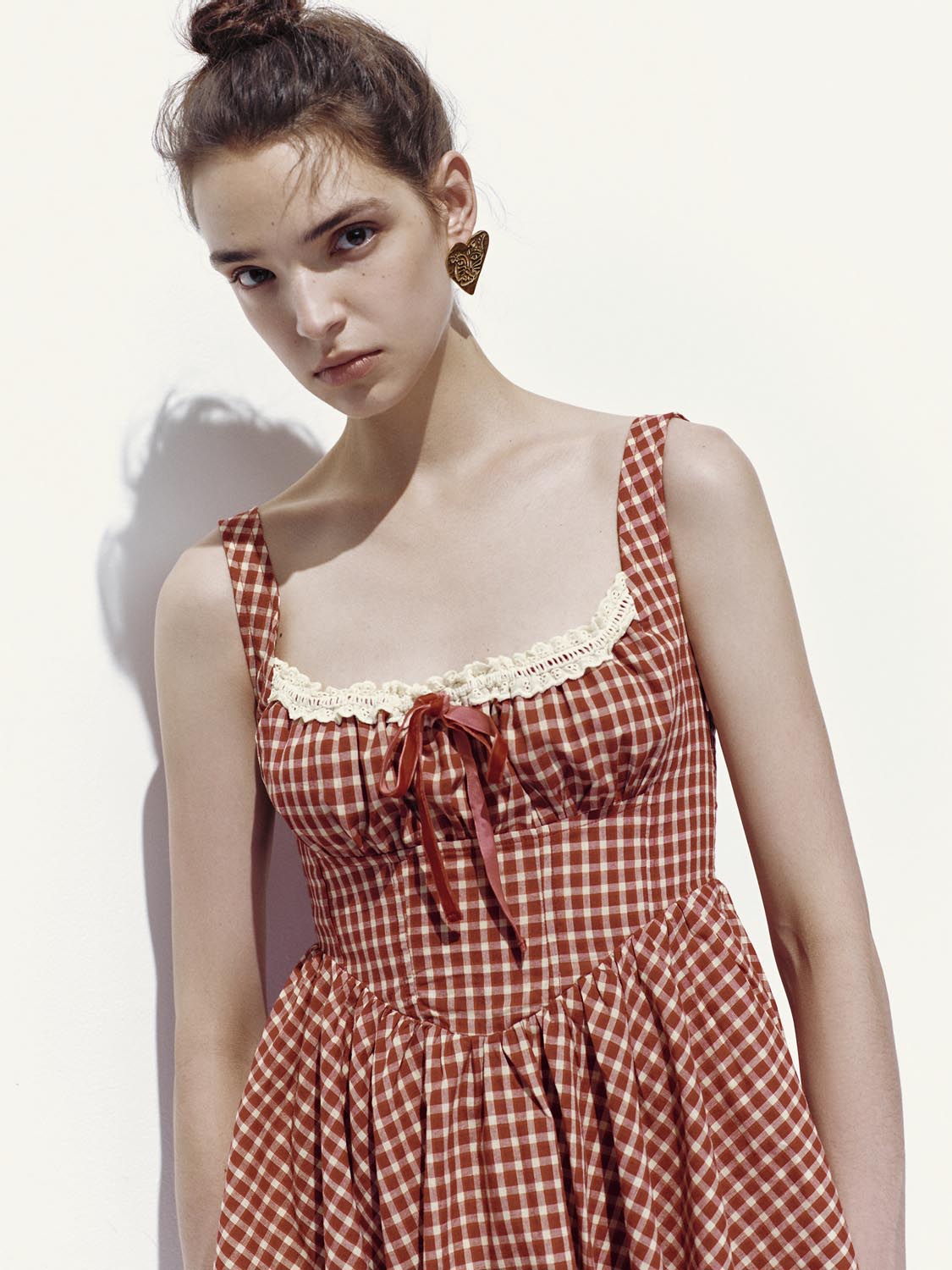 Lace Trim Plaid Strap Midi Dresses