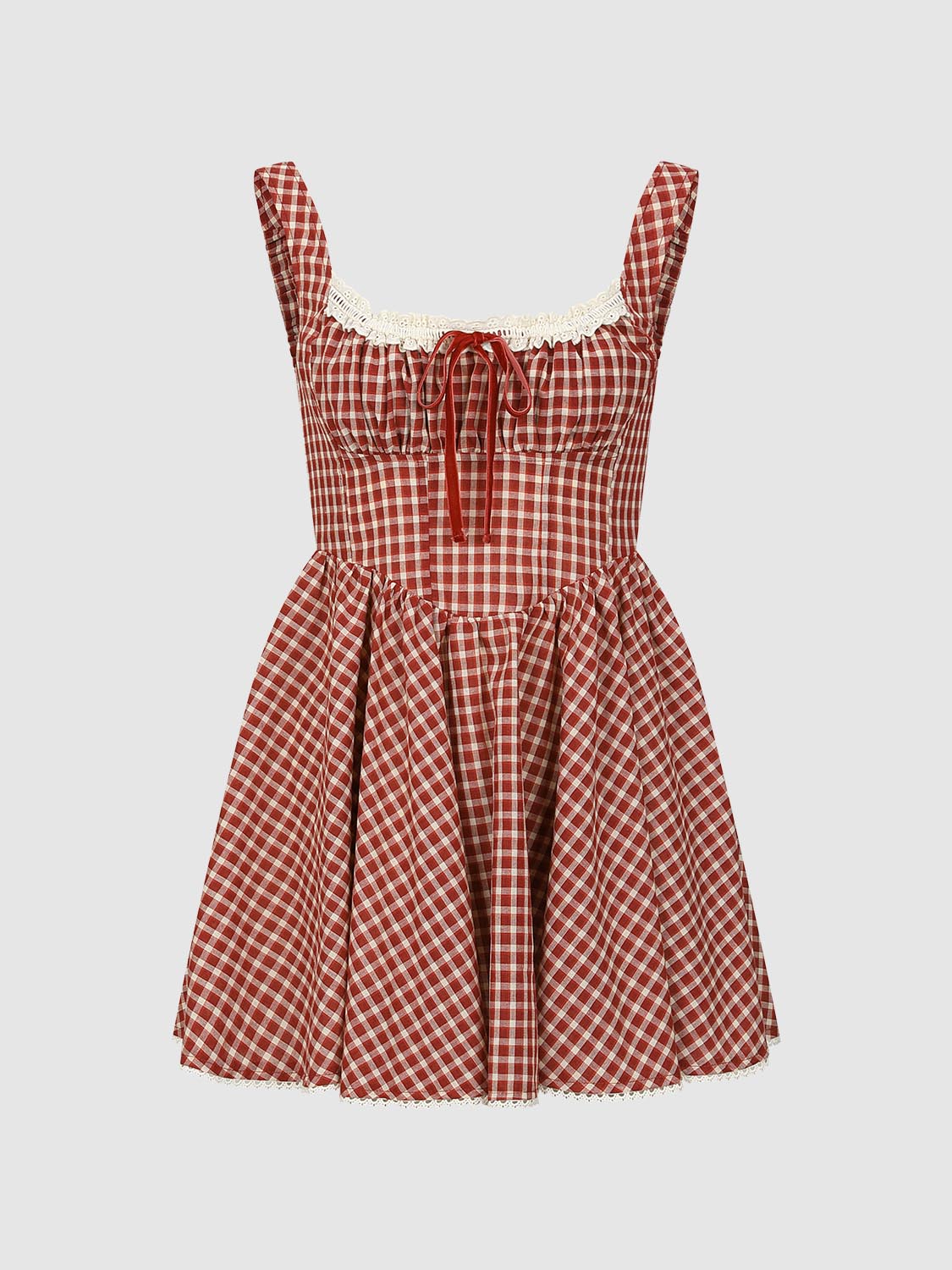 Lace Trim Plaid Strap Midi Dresses