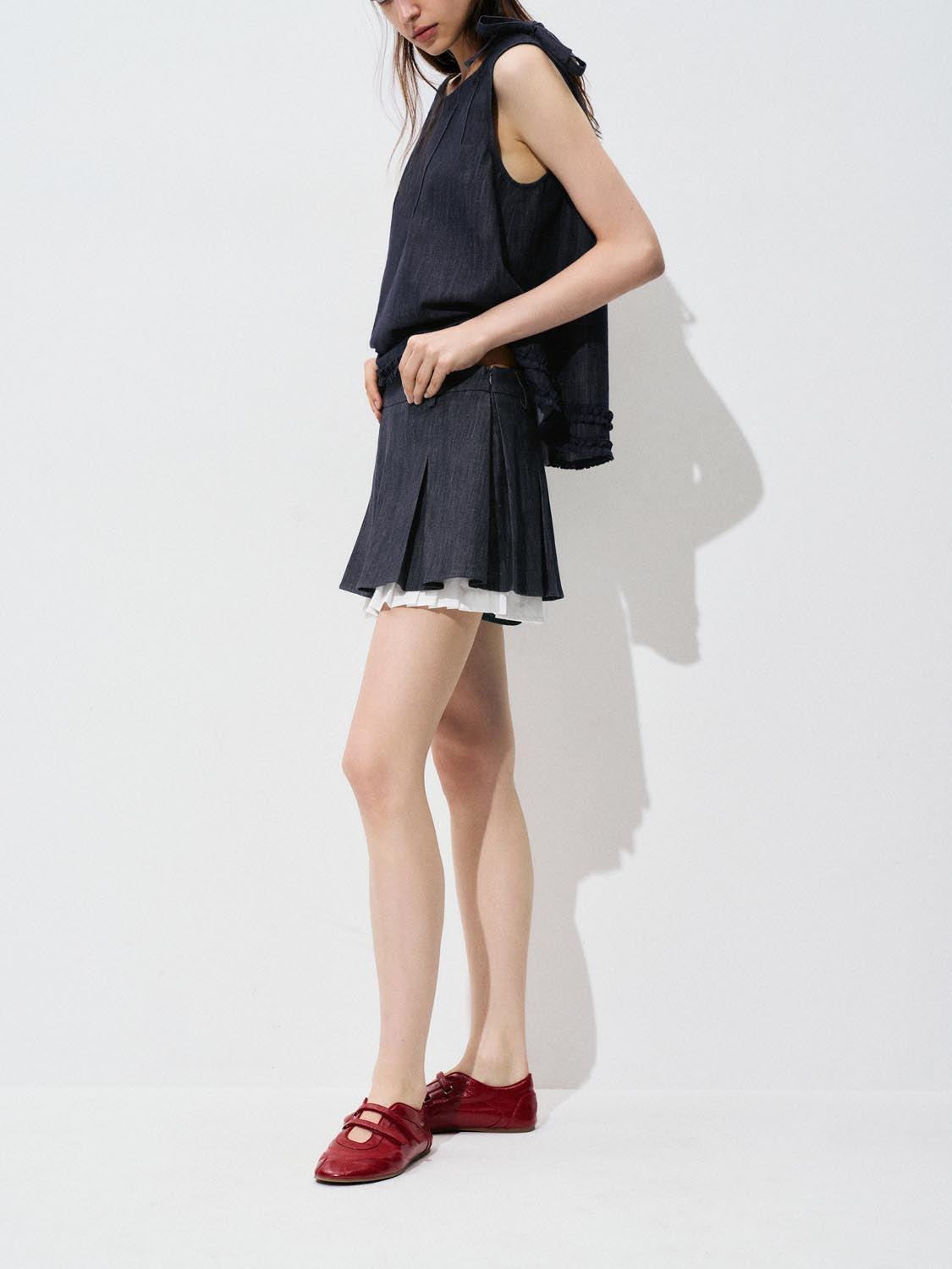 Pleated Denim Midi Skirts