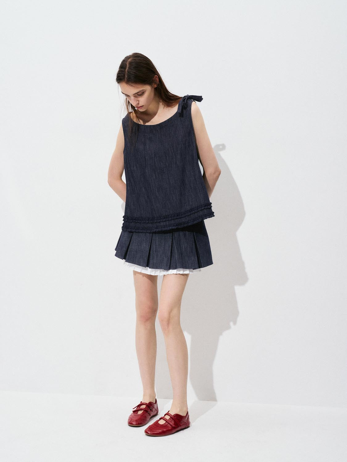 Pleated Denim Midi Skirts