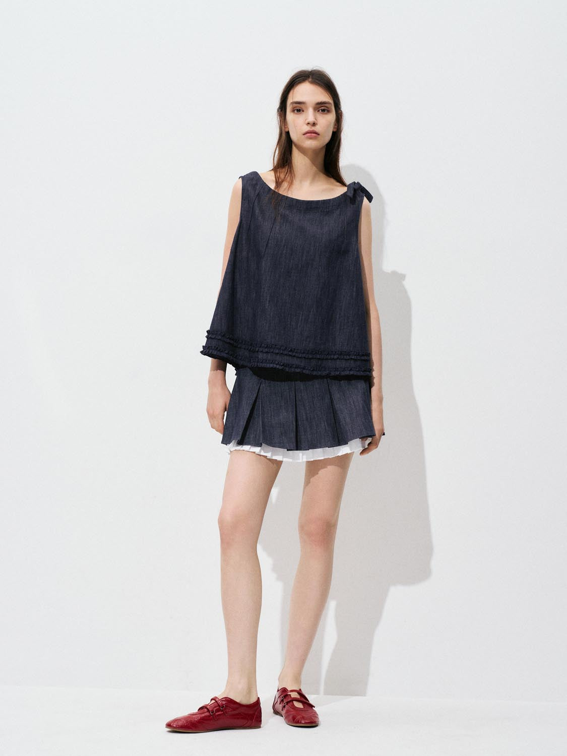 Pleated Denim Midi Skirts