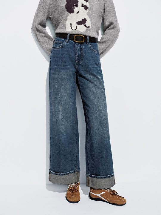 Belted Cuffed Wide Leg Jeans