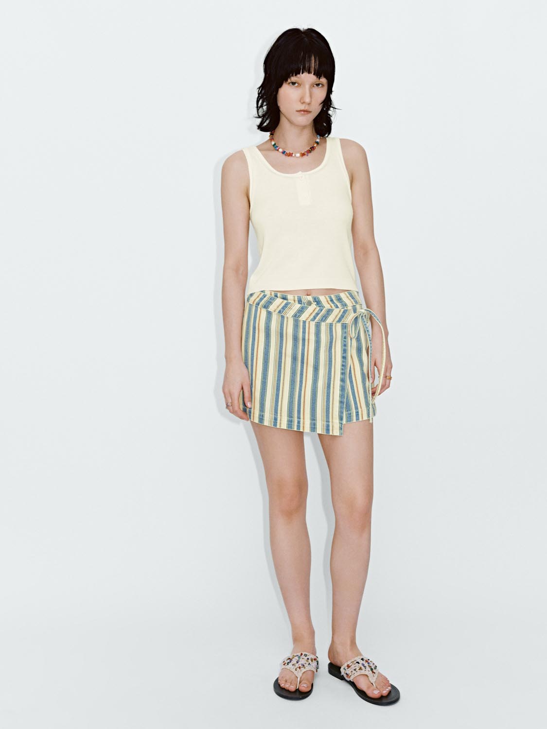 Contrast Striped Wrap Denim Mini Shorts
