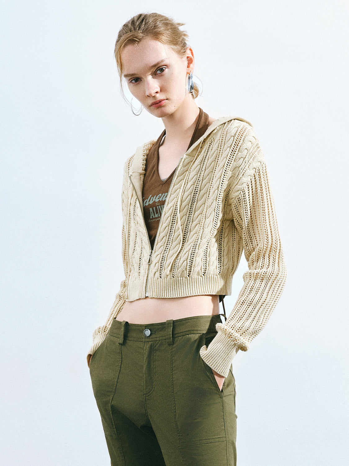 Zipper Front Hooded Knitted Cardigan