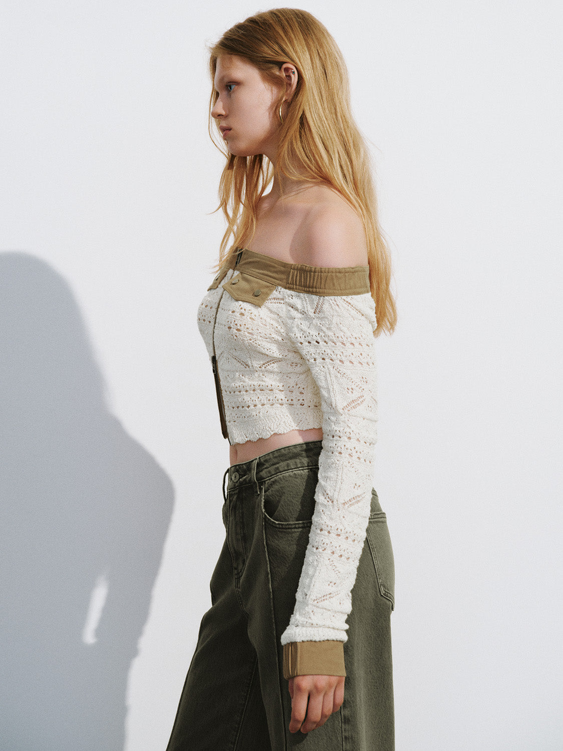 Zipper Front Off-Shoulder Knitted Cardigan