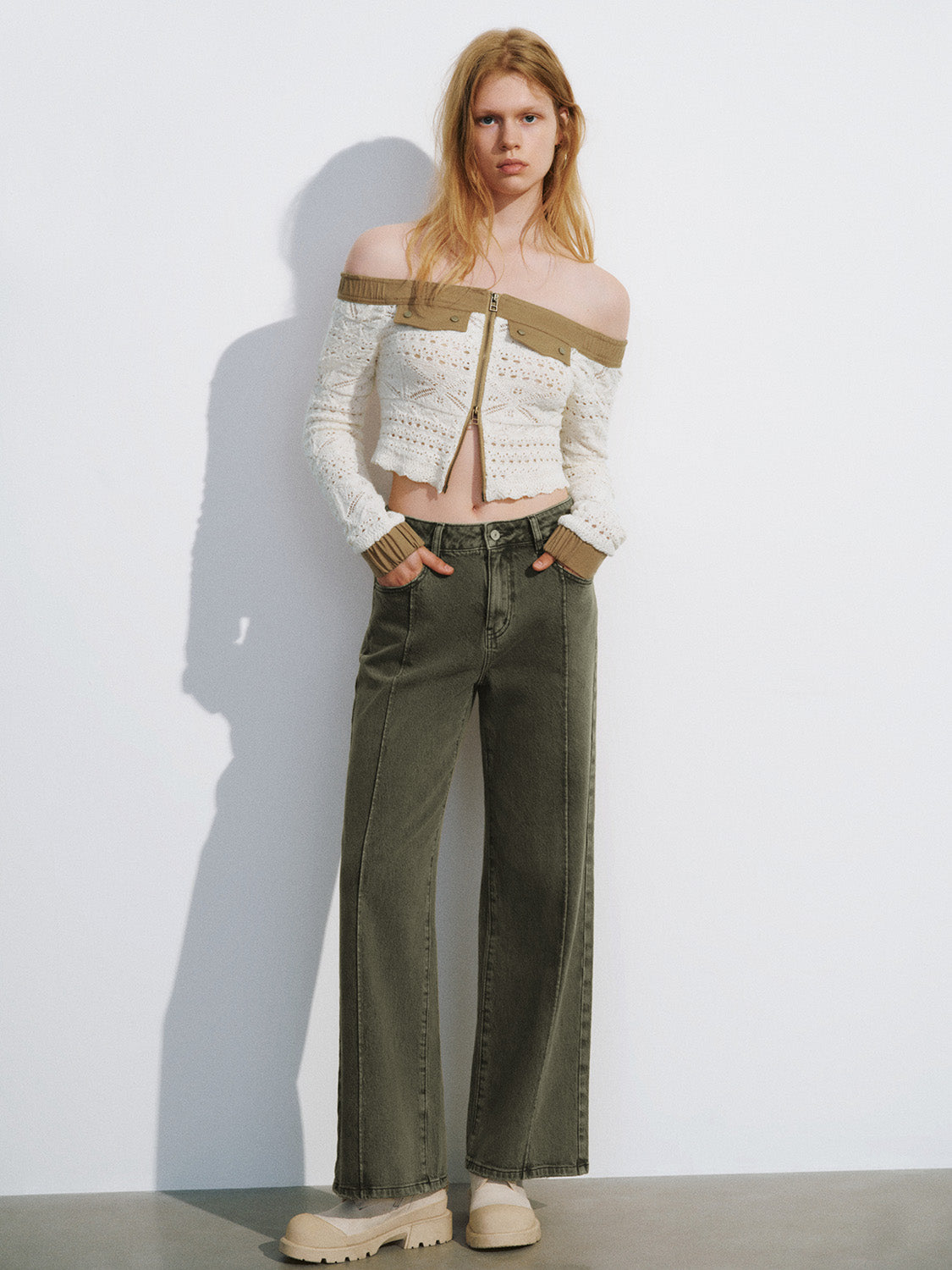 Zipper Front Off-Shoulder Knitted Cardigan