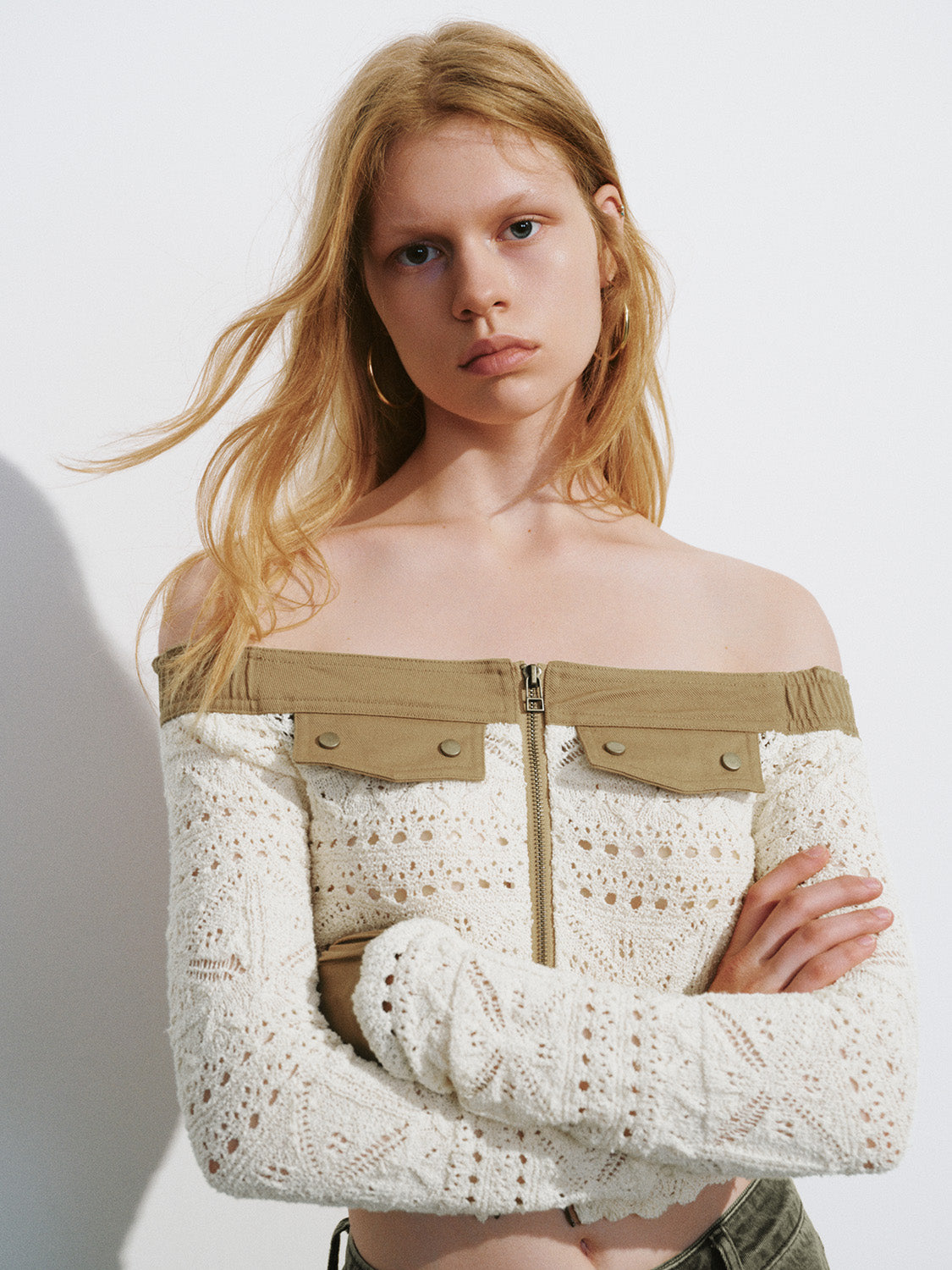 Zipper Front Off-Shoulder Knitted Cardigan
