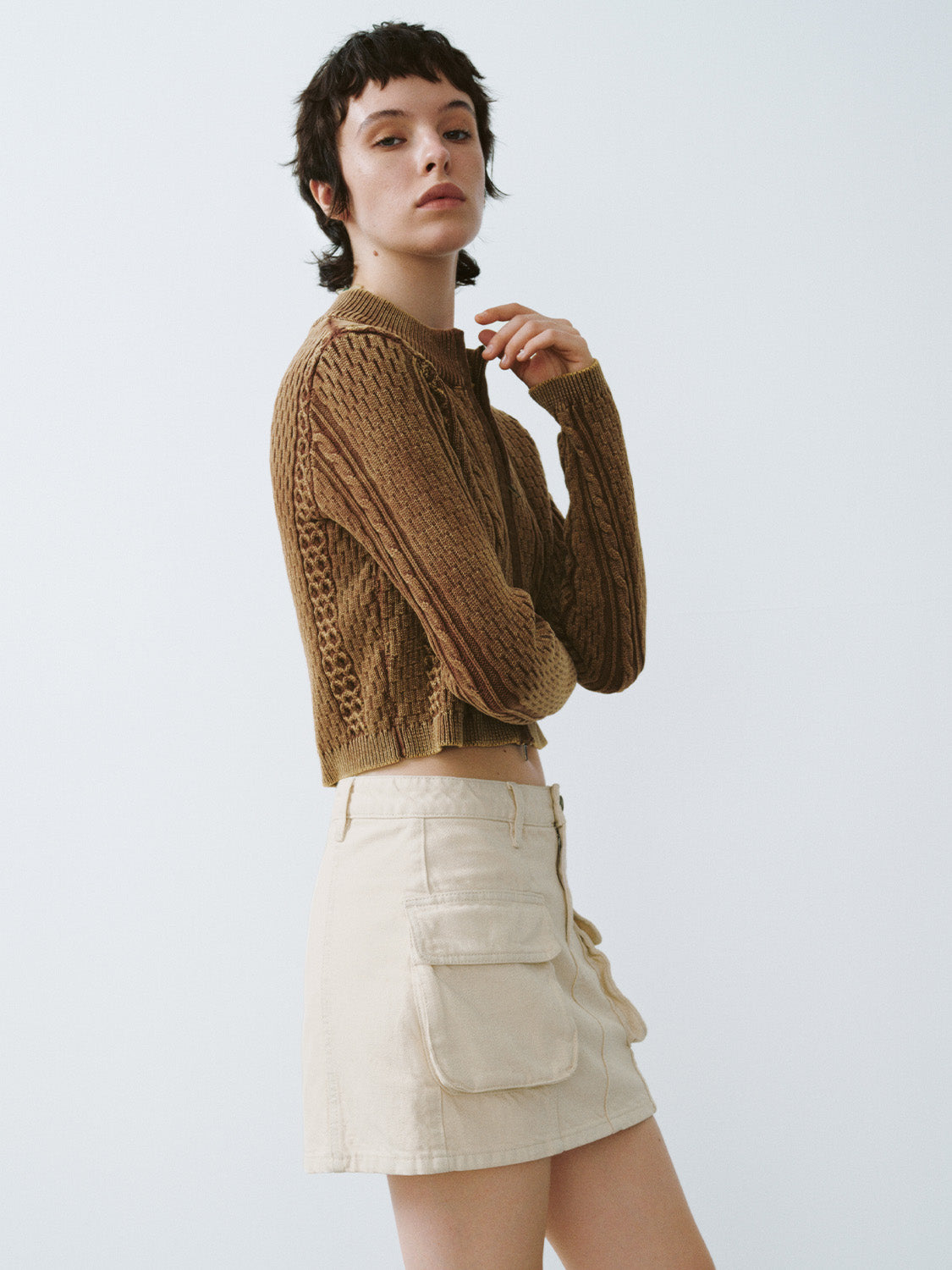 Zipper Front Cropped Knitted Cardigan