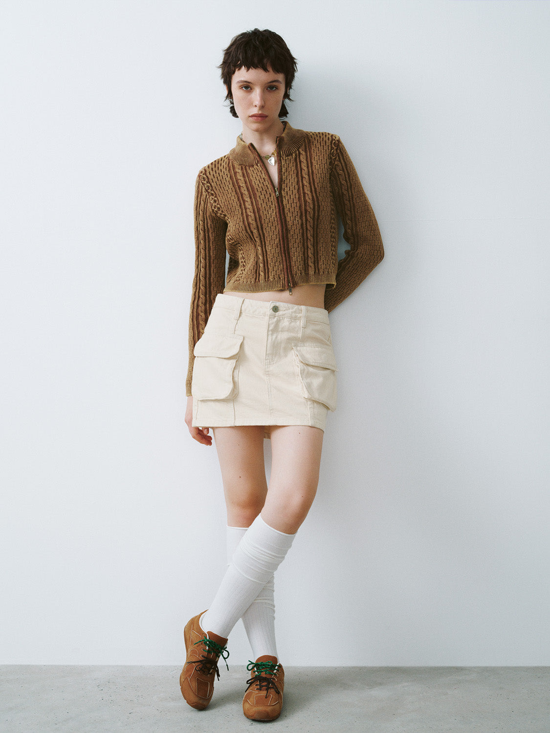 Zipper Front Cropped Knitted Cardigan