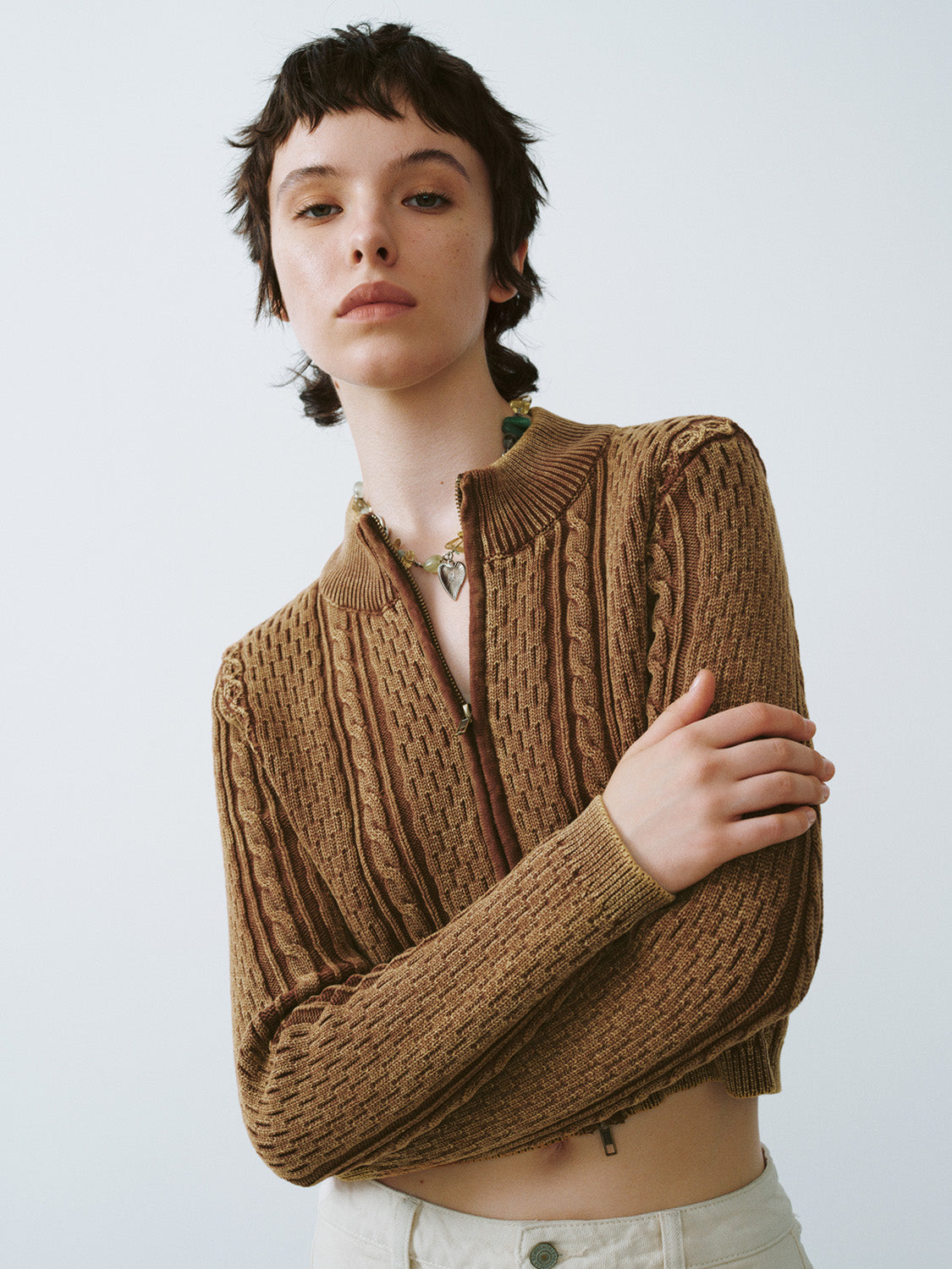 Zipper Front Cropped Knitted Cardigan