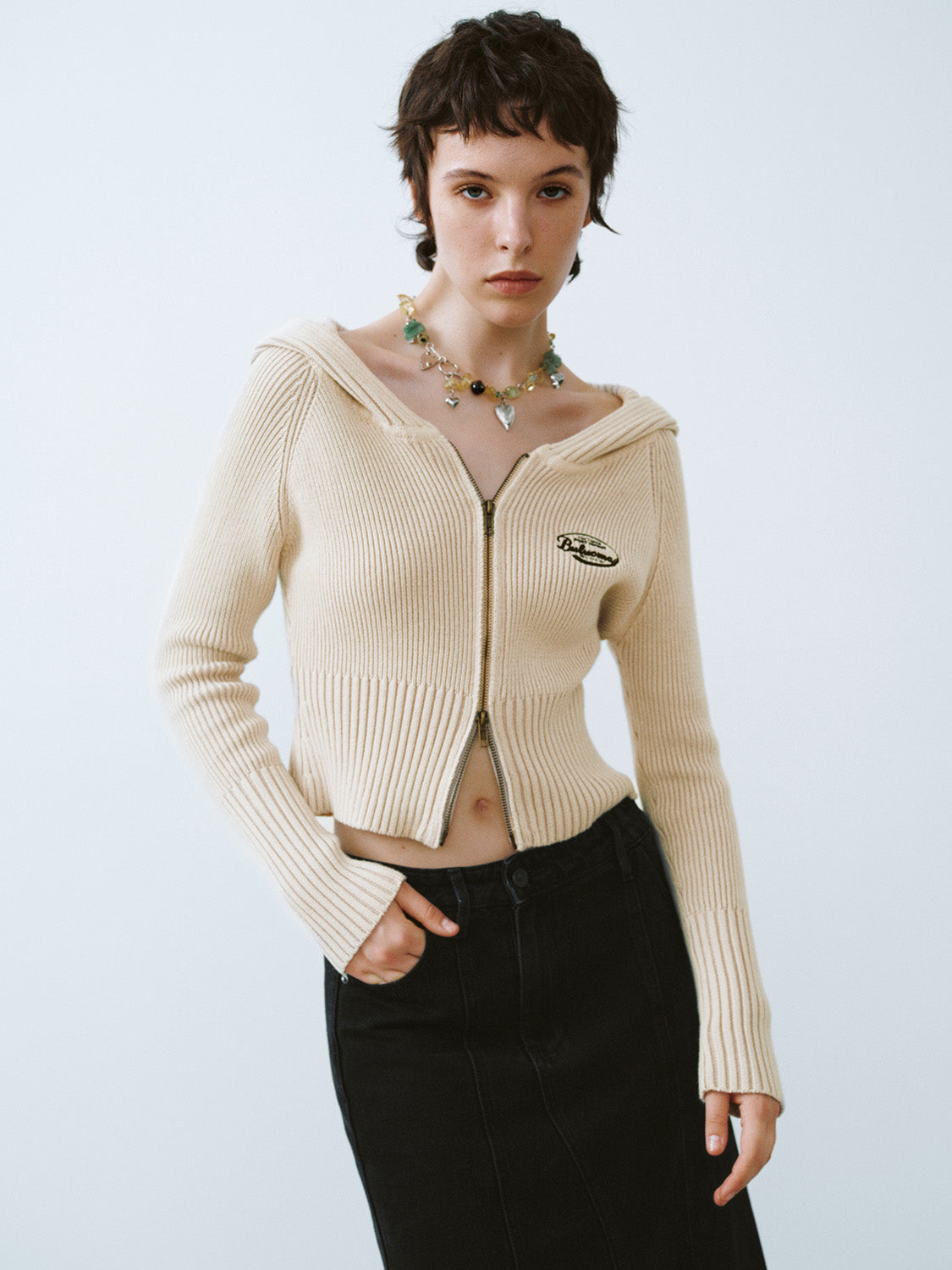 Zipper Front Off-Shoulder Skinny Knitted Cardigan