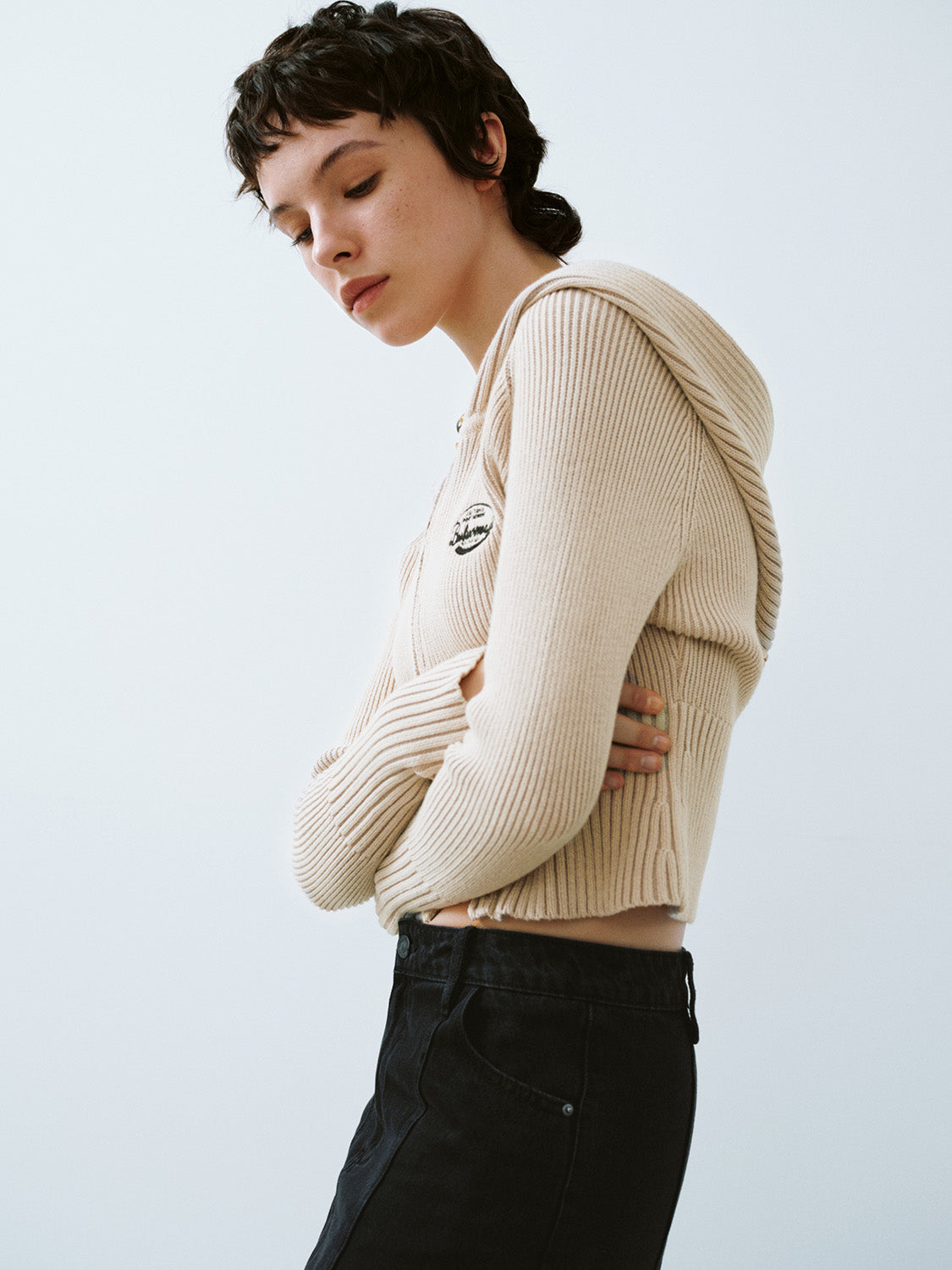 Zipper Front Off-Shoulder Skinny Knitted Cardigan