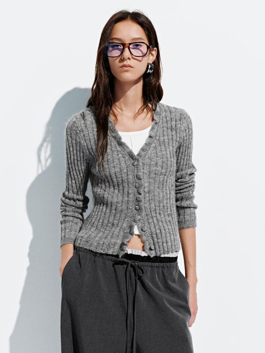 Ruffle Hem V-Neck Knitted Cardigans