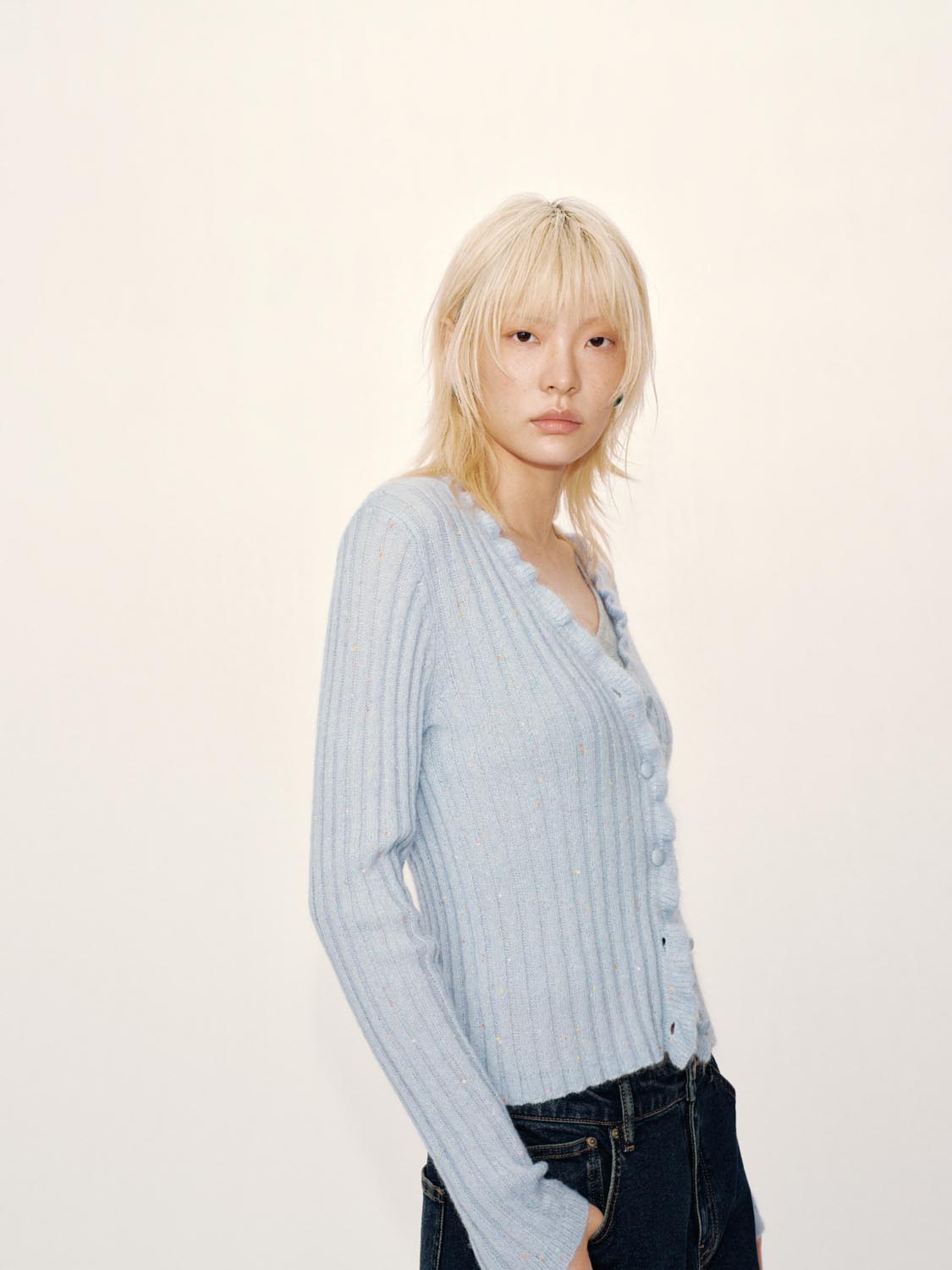 Ruffle Hem V-Neck Knitted Cardigans