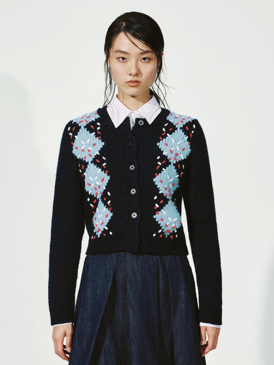Argyle Crew Neck Knitted Cardigans