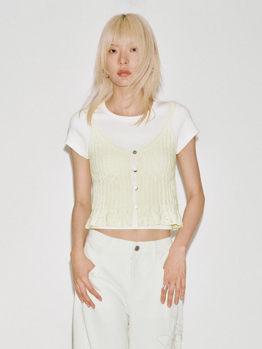 2 In 1 Ruffle Trim Contrast Knitted T-Shirts