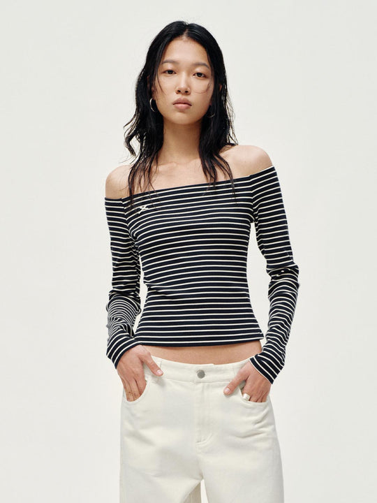 2 In 1 Off-Shoulder Striped Long Sleeve T-Shirts