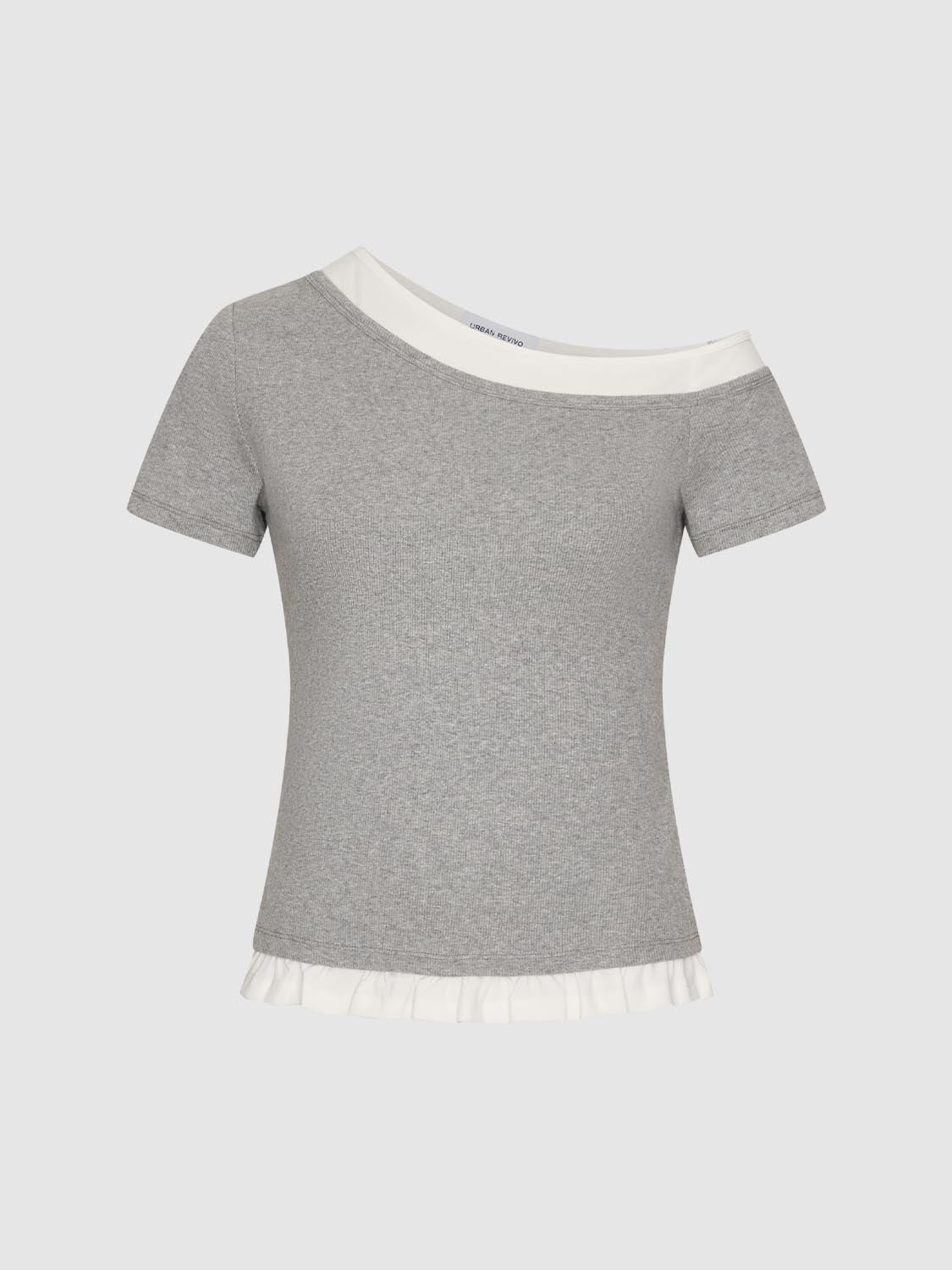 เสื้อยืดไหล่เดียวแต่งระบาย 2-in-1