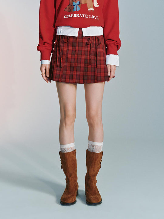 Bow Detail Contrast Check Pleated Mini Skirts