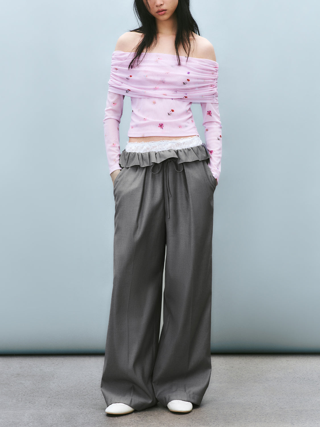 Ruffle Waist Wide-Leg Pants