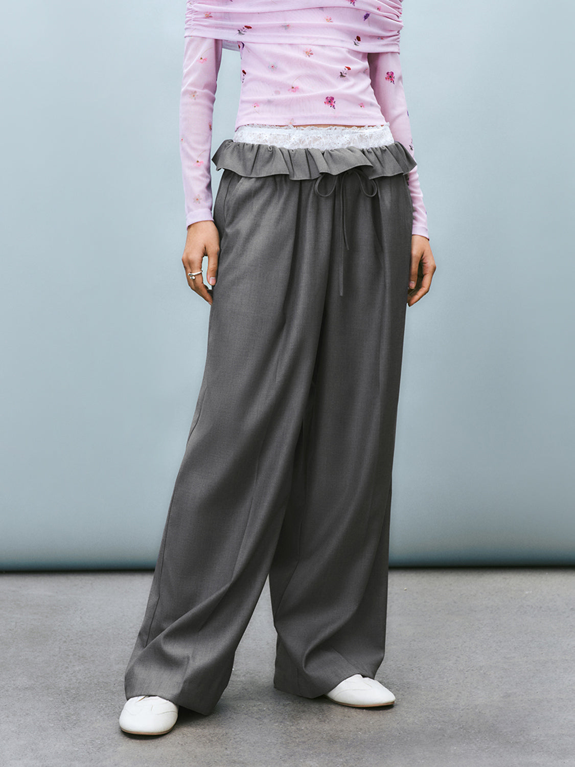 Ruffle Waist Wide-Leg Pants