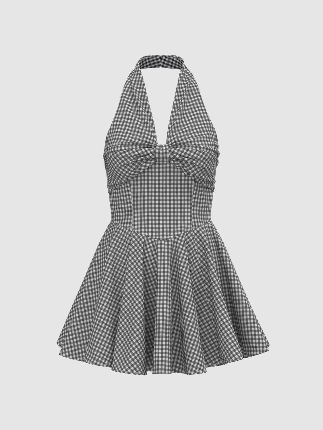 Halter Neck Plaid Mini Dresses