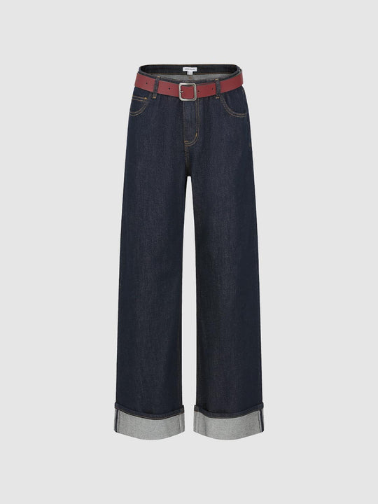 Belted Cuffed Wide Leg Jeans