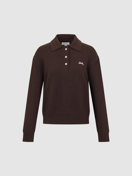 Bow Embroidered Polo Neck Long Sleeve Knitted T-Shirts