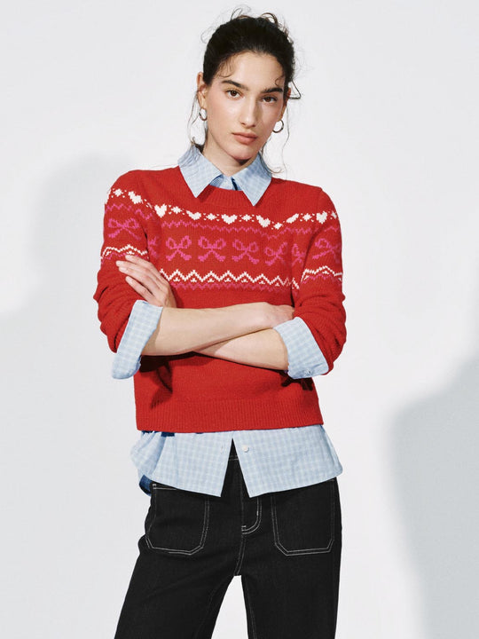 Balloon Hem Intarsia Long Sleeve Knitted T-Shirts