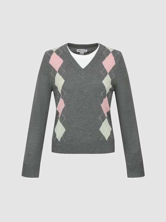 2 In 1 Argyle Intarsia Long Sleeve Knitted T-Shirts