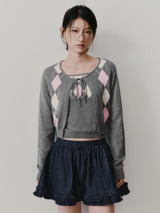 2 In 1 Argyle Tie-Front Knitted Cardigans