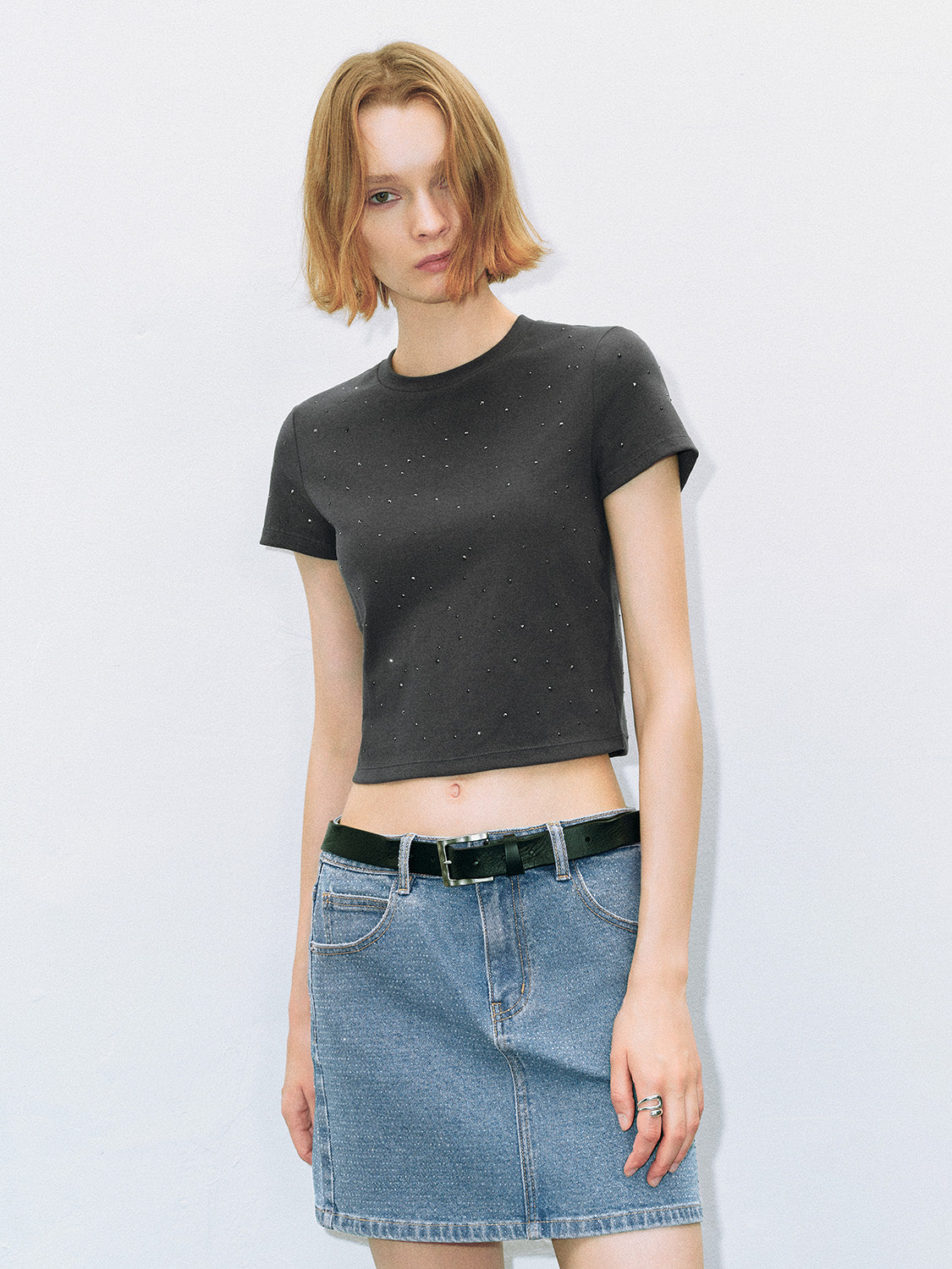 Rhinestone Décor Crew Neck Skinny T-Shirt
