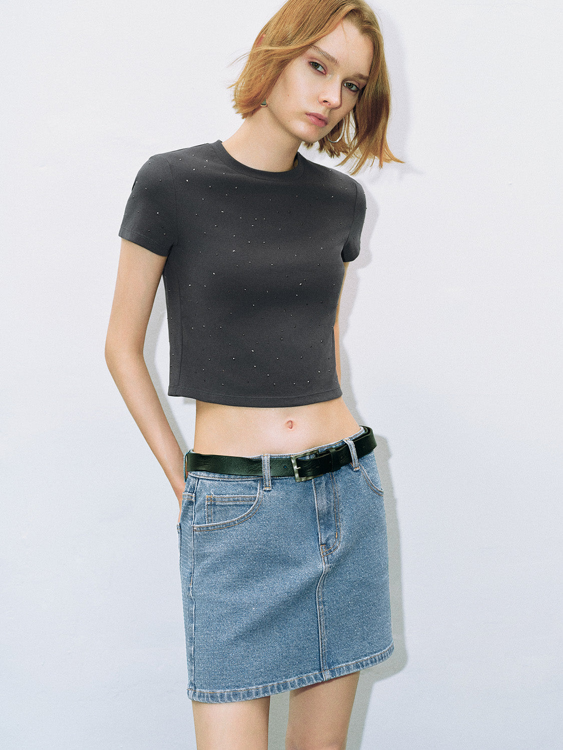 Rhinestone Décor Crew Neck Skinny T-Shirt