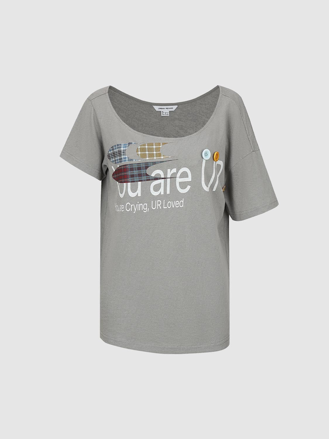 เสื้อยืดคอกลมพิมพ์ลายตัดกัน