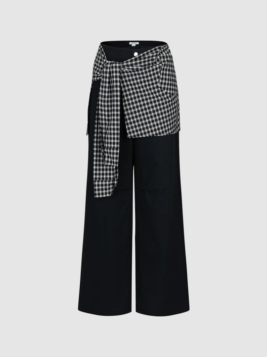 2 In 1 Check Overlay Detail Straight Leg Pants