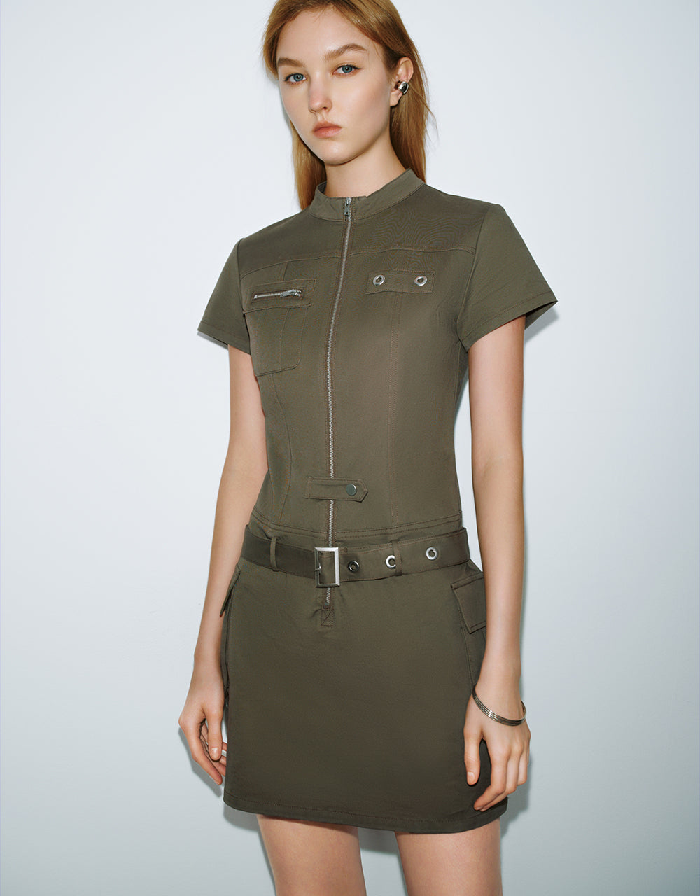 Zipper Front Straight Dress With Belt