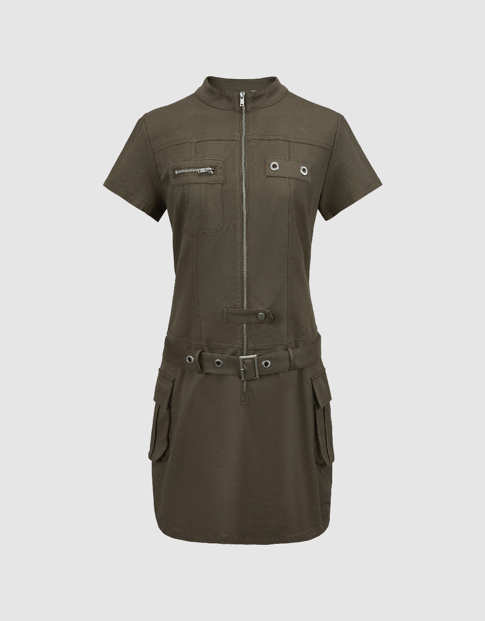 Zipper Front Straight Dress With Belt