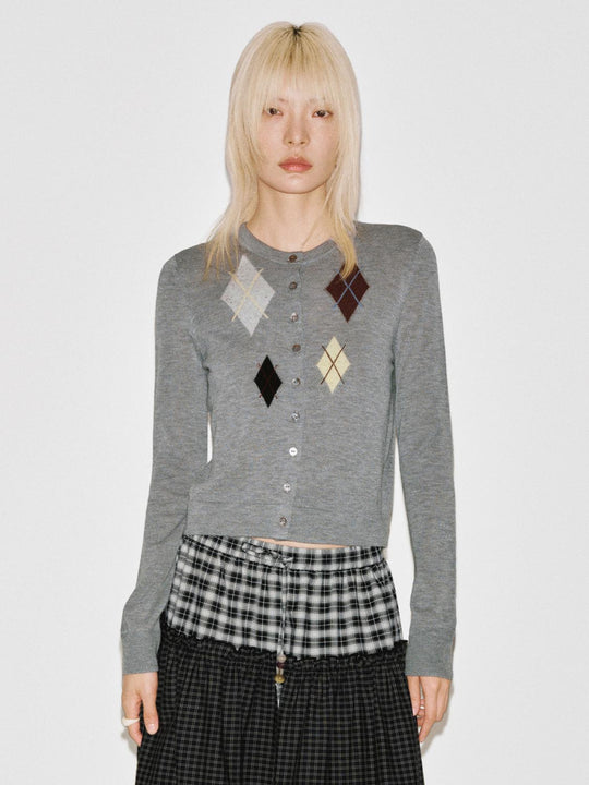 Argyle Intarsia Crew Neck Knitted Cardigan