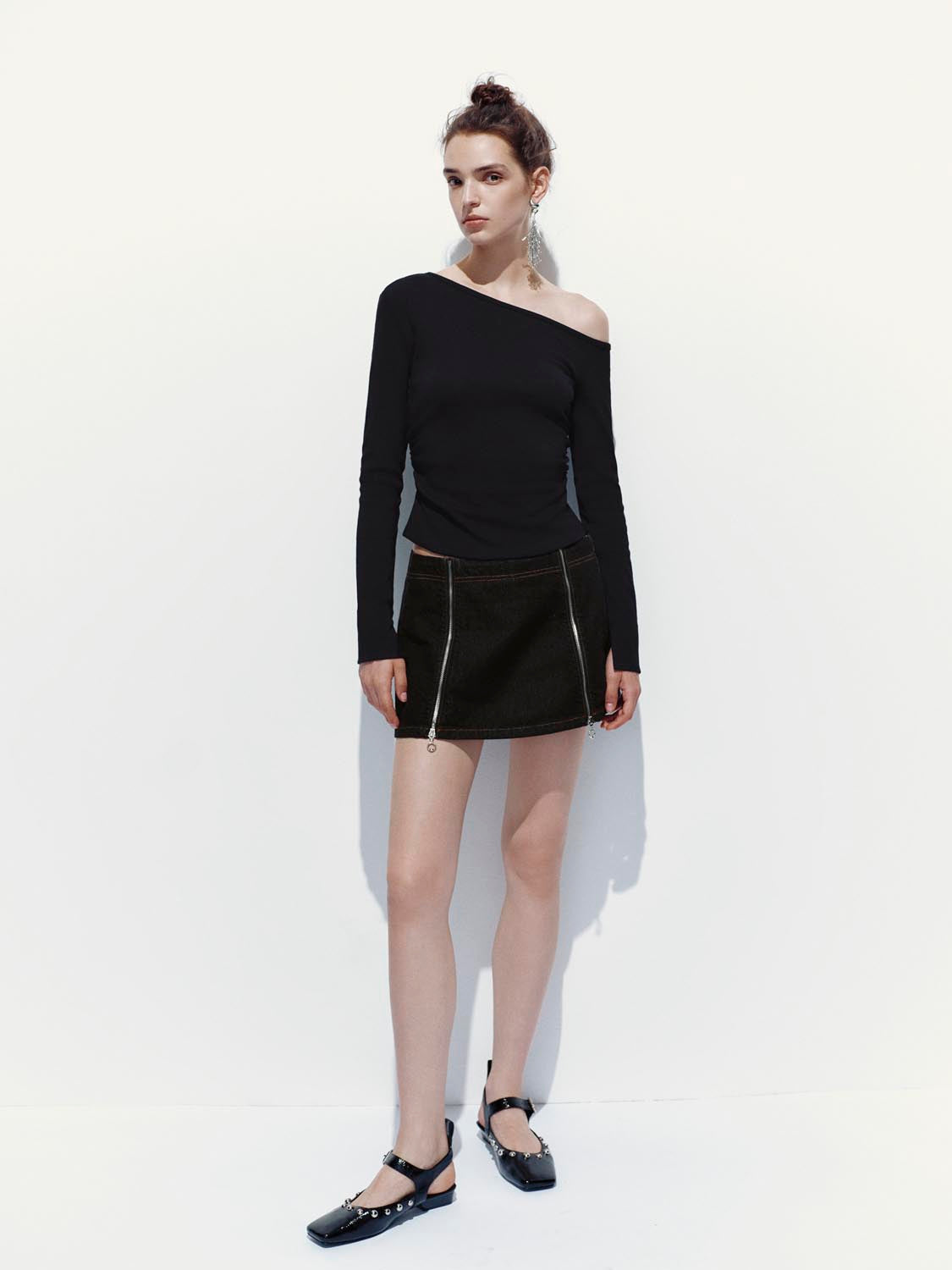 One Shoulder Ruched Long Sleeve T-Shirts